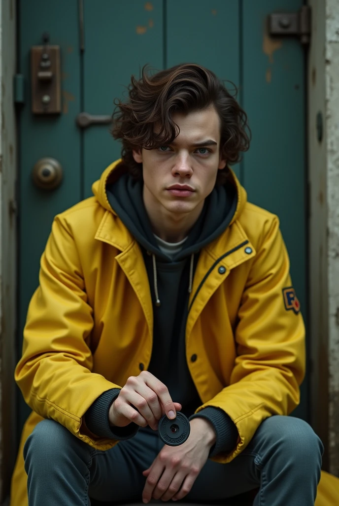Create a realistic image of Harry styles wearing a yellow raincoat sitting by a really small door, holding a dark key in the shape of a button, make sure he looks like a teen