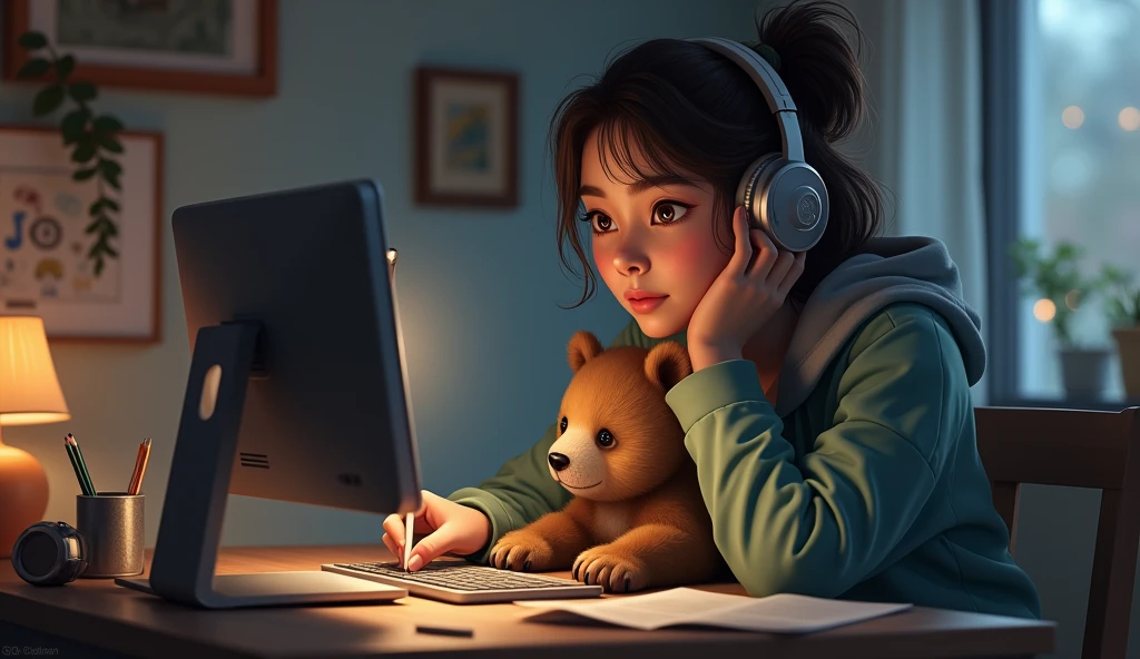 Image of a woman with headphones studying on the computer inside her room, there is a bear cub next to her 