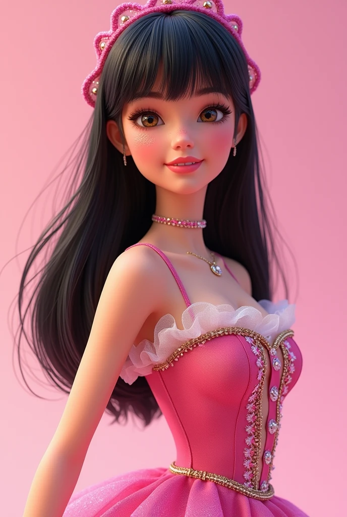 Brunette girl with barbie costume straight black hair