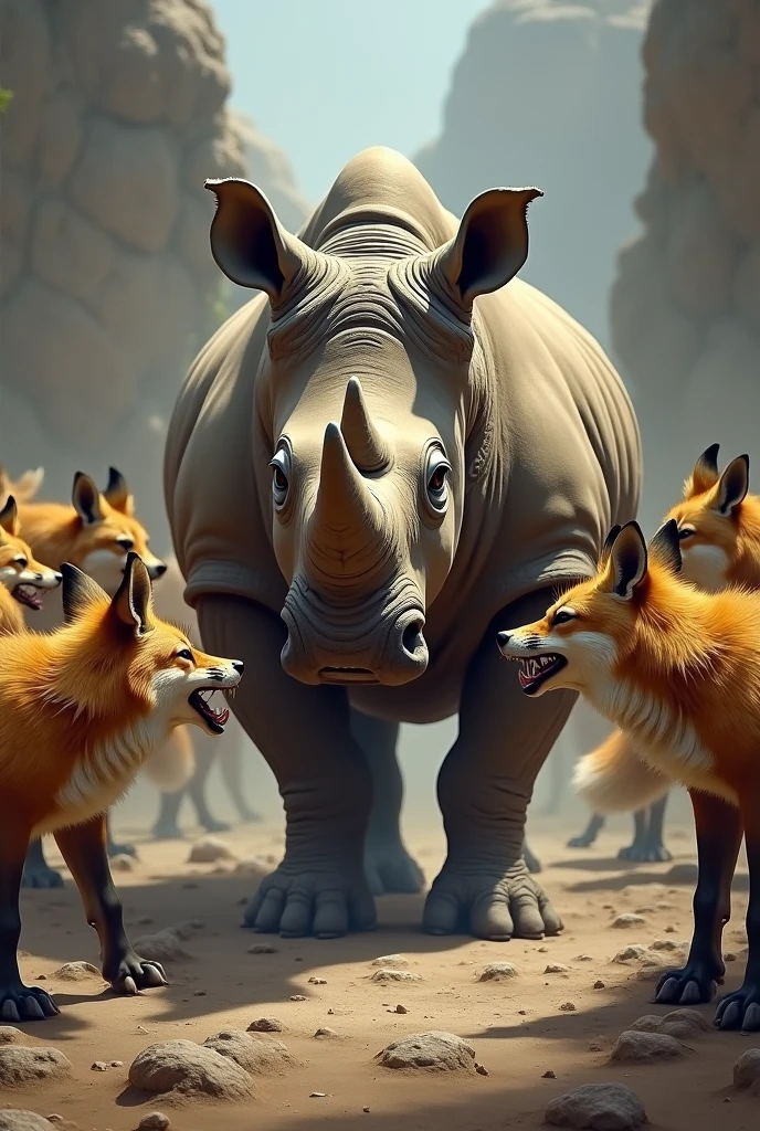 Rhino surrounded by angry foxes
