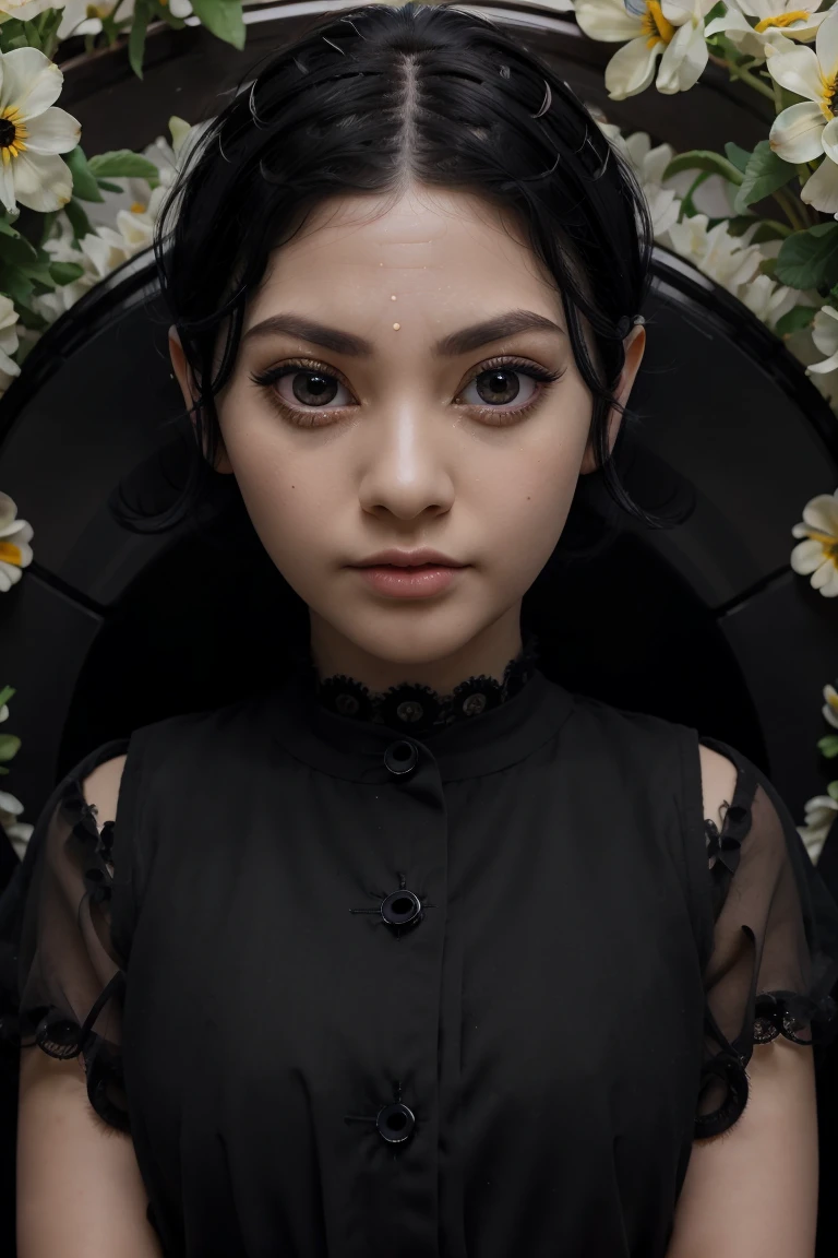 (masterpiece), (Best Quality), Very detailed, 1 child, Single shot, Perfect face, beautiful face, Very detailed, (short black hair: 1.3), (large eyes: 1.4), (long eyelashes: 1.4), (black eyes: 1.3), many flowers