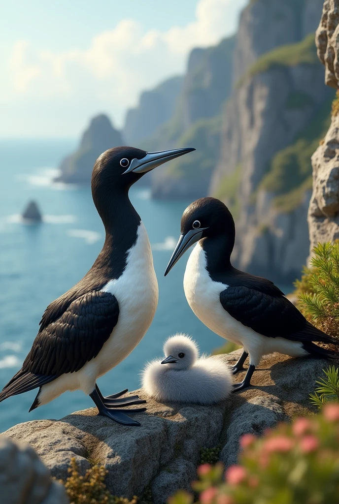 1 male and 1 female adult gannet on a cliff watching their newborn child