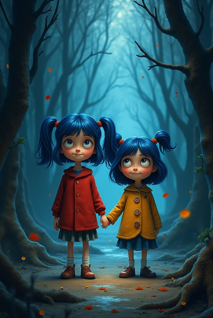 Hilda from netflix and coraline from the movie coraline, together as allies with a dark but visible background