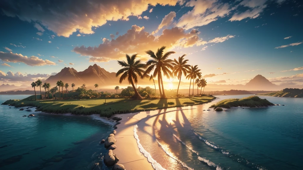 photorealistic landscape, natural landscapes, naturals, Beauty of Natures, golden sunset, sky, sky Power, Detailed Realistic Sunset, palmtrees, mountainous landscape, Rivers of water, Realism Sunset, Natural Treess, Loneliness, panorama, Path to Heaven, heavenly, 8K Detailed Realistic Image, 16K Photorealistic Contrast, 8K Photorealistic Sharpness, 4K Photorealistic Cores, 16K Photorealistic Shadows, 8K Photorealistic Textures, 16K Photorealistic Texture, 4K Photorealistic Light, 4K PhotoRealism, FullHD 4K Detailed Contrast, detailed sharpness FullHD 8K, detailed sharpness FullHD 4K, detailed sharpness, 2K detailed colors, lifelike colors, FullHD Detailed Shadows, 4K Detailed Textures, detailed texture, padoru, natural beautifuls, posh 