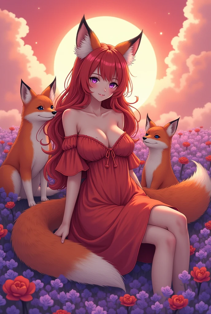 Anime woman with 3 tails and fox ears with red fur with purple eyes with red and orange dress with big tails and with cute face in a field of purple and red flowers with 1,50 meters and with big breasts with 60 cm with teeth and fox cats and with other foxes around centered on the floor while fans caress a fox with a cute face with pink clouds and red sky 