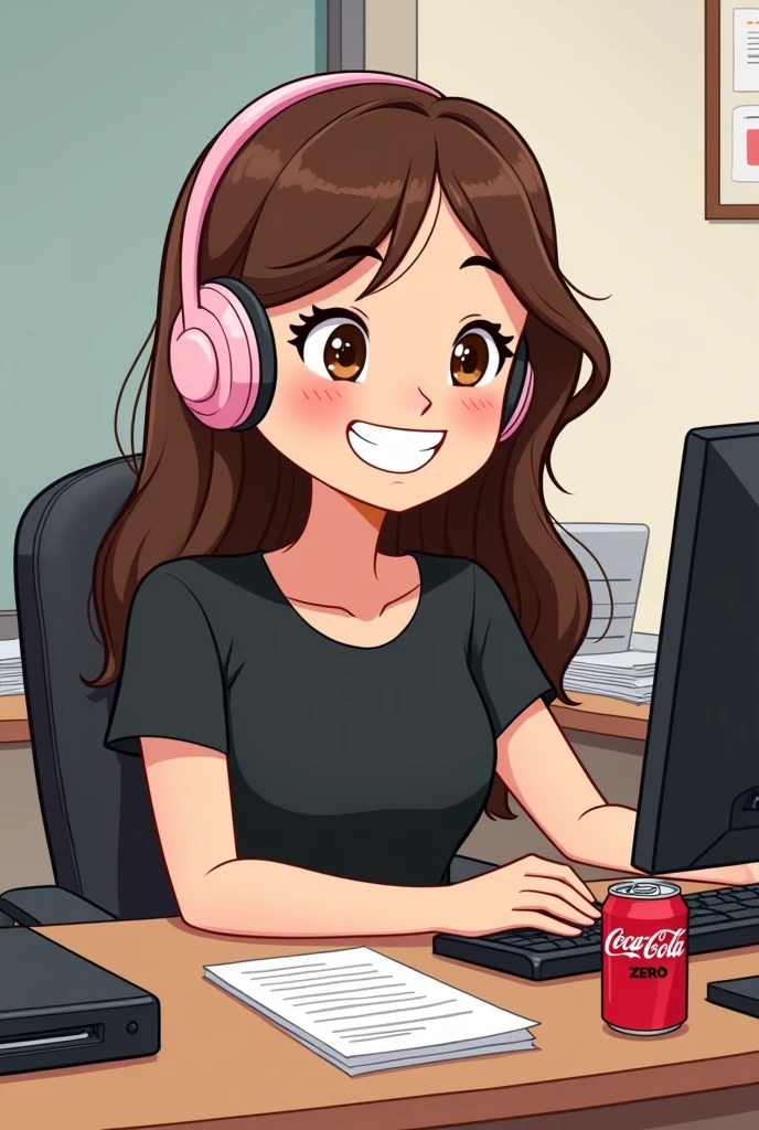 Create a drawing illustration that will be used as a cake topper, focus on the main visual elements you described: - The front desk, with long straight hair below the breasts - Wearing a black t-shirt - Sitting in an office chair, eagerly, in front of a computer but smiling. - Using small wireless earbuds that look like pink hearing aids that only cover your ears, indicating that you are on a call. - An open can of Coca-Cola Zero on the table next to the keyboard. - in the image you can see papers and notepads, printer, diary and a black notebook - SHE IS FOCUSED ON THE COMPUTER, the image is more panoramic. We can see the desk, the notebook, the printer and the secretary from the front. She has very long brown hair and she is a little chubby. Her hair goes below her breasts. She is a little chubby and the Coca-Cola is zero. The image has to be from the front and she is smiling and friendly. It can be something more cartoonish, like a cartoon. Place the Coca-Cola Zero on the desk. Make the secretary a little chubbier and place a notebook, not a computer. Her hair needs to be below her hips. In front of the notebook. I want the image from the front. Her face needs to be rounder. The headset has to be bigger and light pink. Use light pink headphones, like a hearing aid. Her eyes are brown and the Coca-Cola Zero has black writing. I want smaller headphones and a notebook in front of the secretary. The Coca-Cola can has black writing because it is Coca-Cola Zero.