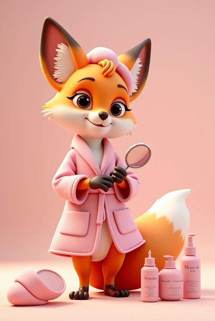 Create a 3D Disney Pixar style fox named Glamour Fox. She must exude an elegant personality, relaxed and attentive, perfect for a section dedicated to skin care and beauty.
colors: Vibrant shades of orange and white, with pink details and accessories to maintain cohesion with the other mascots.
Accessories:
Accessories de Beleza: Use a small pink hand mirror and a set of skin care products, like cream or lotion bottles with pink accents.
stylish clothes: A pink bathrobe with pink accents, and maybe a hair band.
beauty products: You may be holding or applying products such as a serum or face mask..
Expressions: gentle smile and expressive eyes, with an expression of tranquility and satisfaction that conveys a feeling of care and well-being.
Activities and Poses:
Applying Products: Demonstrating the application of skin care products, as a face mask or cream.
relaxing: Showing a moment of relaxation, such as wearing a bathrobe or applying a cream.
Beauty Tips: Pointing to a board with skin care tips, beauty routines and recommended products.
Interactivity on the Website:
Hover animations: Animated movements like applying a cream, look in a mirror or relax in a comfortable position.
Beauty Messages: Friendly messages with skin care tips, beauty routines and product recommendations.