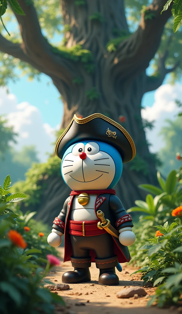 Image of Doraemon wearing a pirate costume standing in front of a large tree behind him, jungle scene 