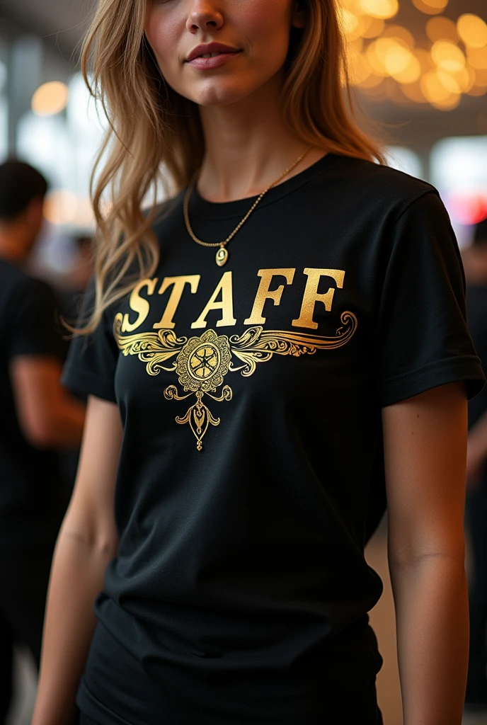 A black t-shirt with gold details that says the word staff on the chest and that is creative with more details and more creativity that has many designs and entries