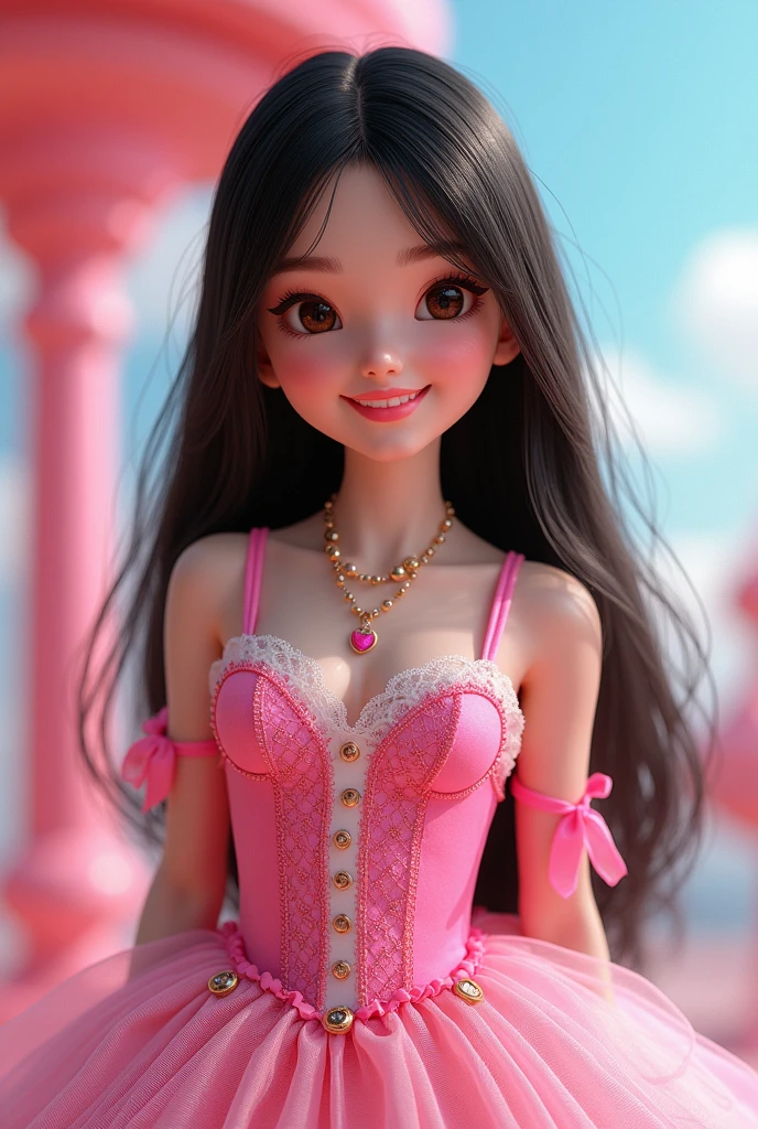 Brunette girl with barbie costume straight black hair