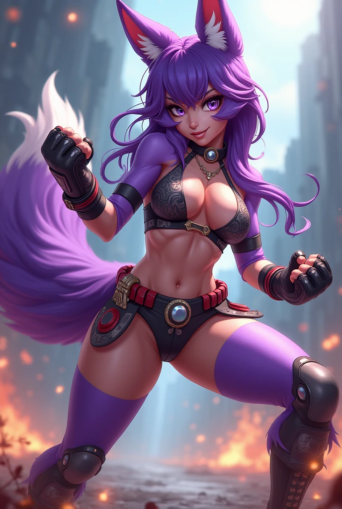 Female martial artist furry fox anime style purple fur long hair thong top shin guards and full body mma gloves