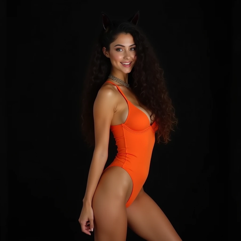 a latin woman with an orange leotard, fox-like eye bags, fox tail, photographic studio, black background, (best quality,4k,8k,highres,masterpiece:1.2),ultra-detailed,(realistic,photorealistic,photo-realistic:1.37),hyper detailed,extremely detailed facial features,extremely detailed skin, extremely detailed eyes and face, extremely detailed hair, beautifully detailed eyes, beautiful detailed lips, striking poses, natural lighting, cinematic,dramatic lighting,moody,dark,brooding,serious expression,intense gaze