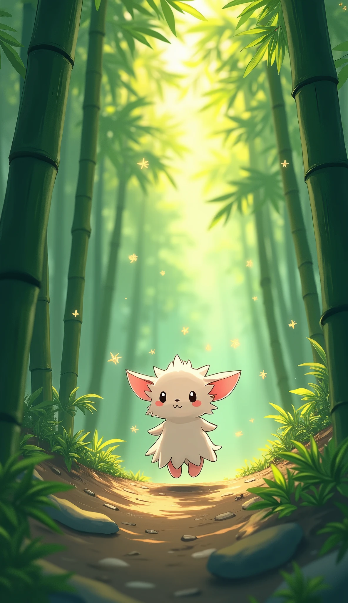 (Japanese comic:1.2),2D,Detailed outlines,Top quality, best picture quality,(Amazingly Absurd:1.2),(Masterpiece:1.2),break, ((Cute spirit walking through a bamboo forest)), sunlight shining through the trees, break,light generation, sparkle effect, close up, mysterious work