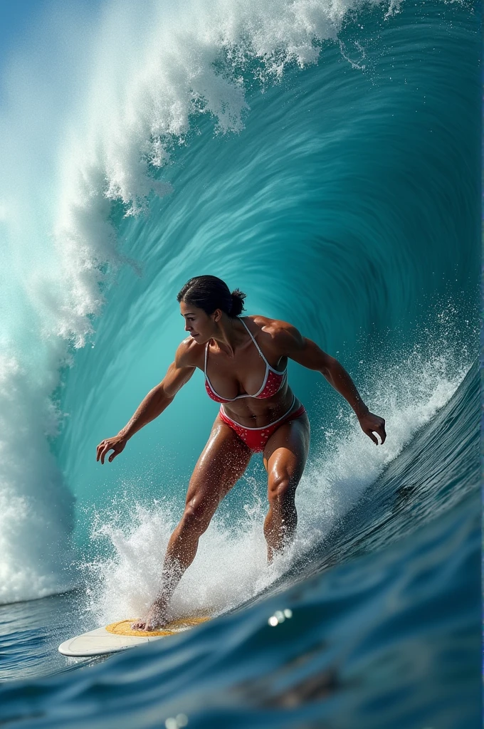 very muscular, woman, massive tits, surfing