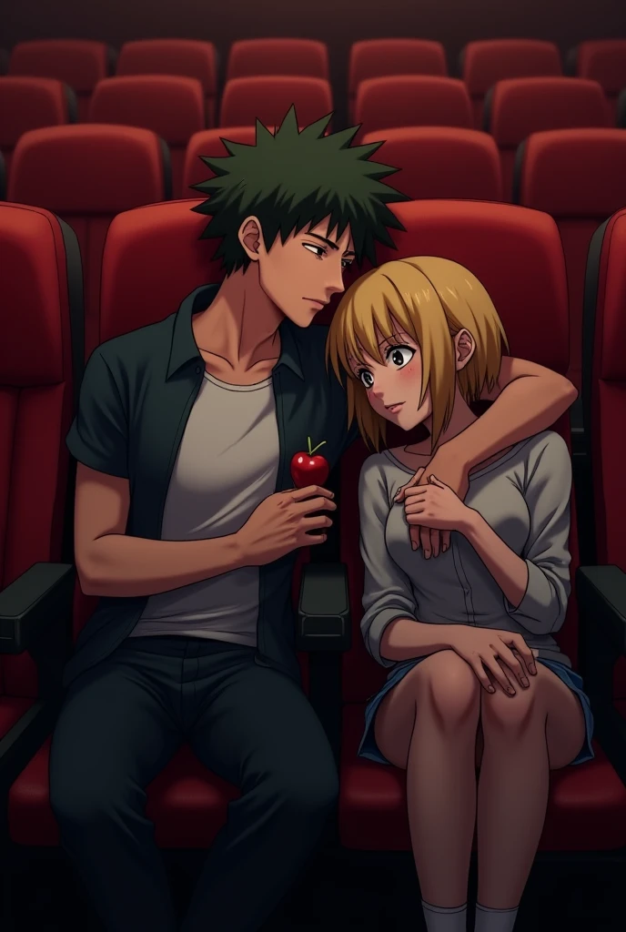 Hello, make the narrative where bakugou, uraraka and deku go to a cinema after a mission, the cinema is alone, and uraraka with bakugou start having sex in one of the seats, deku sleeping next to it. It has to be a raw narrative, detailing every movement, even the most intimate parts. especially when Bakugou penetrates her and starts pushing inside Uraraka, you also pose her.