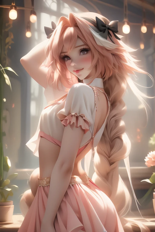 ((masterpiece)), ((best quality)), (detailed), astolfo, Beautiful, Beautifu and slim perfect body, slim body, really female, slim female body, female, very innocent smile, innocent smile, femboy, boy, bright pink hair, spiky hair, short hair, a long braid, lock of white hair on left side, perfect, solo, gorgeous femenine person, mini top, crop top, wedding dress, mini dress, micro skirt, mini skirt, bridal veil on the head, small bulge, luscious lips, long hair, sexy,