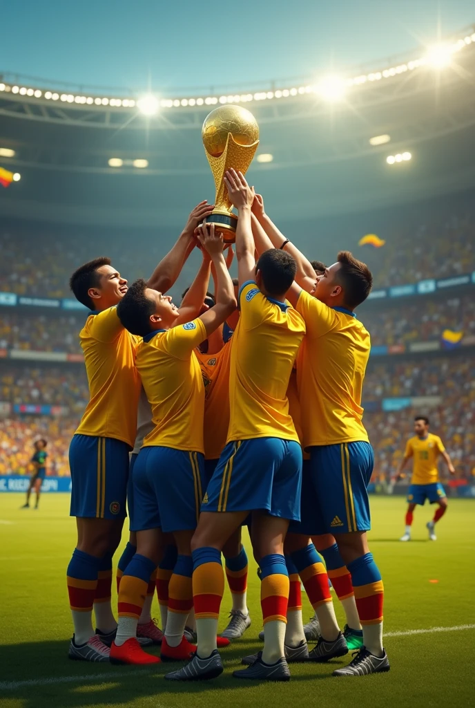 Create me an image of the Colombian team lifting the World Cup