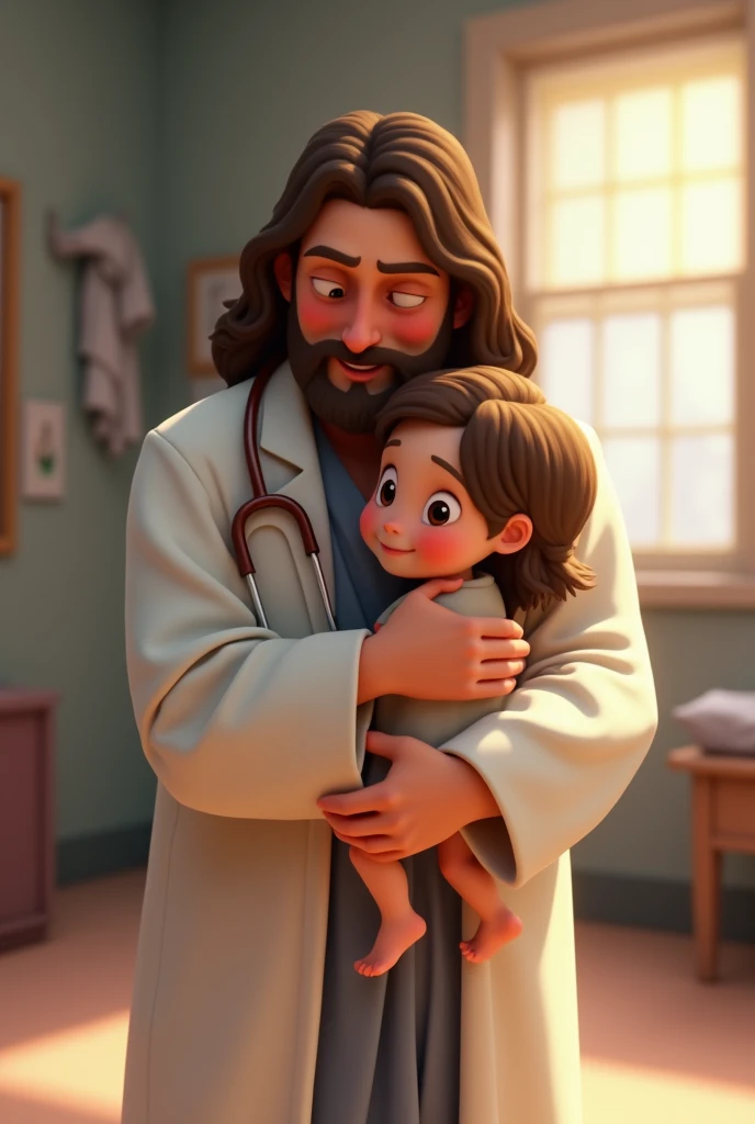 Animation drawing of Jesus dressed as a doctor hugging a