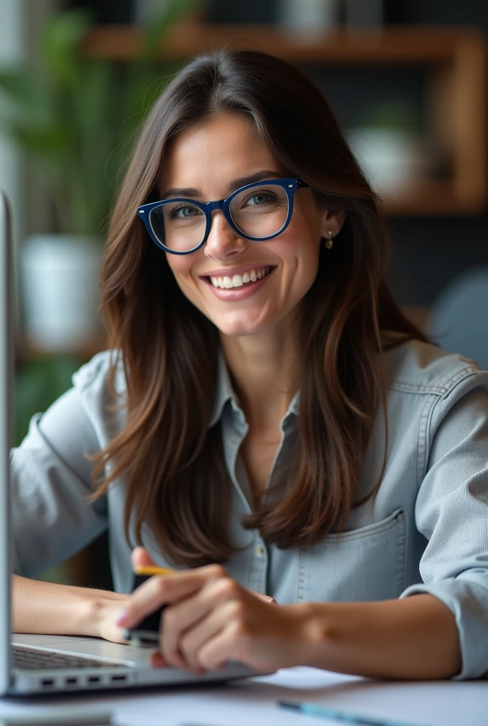 A brunette woman, with hair parted on the side and long, dark brown color , wearing reading glasses with a half-rectangular frame in blue and black, with small dark brown eyes , with thick and well-defined eyebrows, with a round face and big cheeks, square jaw, wearing casual clothes, working on a computer, happy and satisfied facial expression with what you do at work, holding a stamp in one hand
