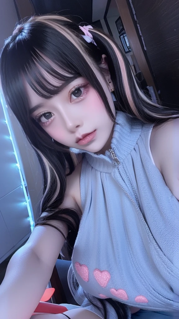 Highest quality、8k、32K、masterpiece、Ultra Clear、Highest quality、8k full vision, Cinema Lighting:1.2)、(Blue Right), One personの、Long Hair Girl、Beautiful Japanese Women、Black-haired、Heavy bangs、Accentuate your breasts、choker、(Super big breasts:1.5), Sagging under the eyes、Red glitter eye makeup, From feet to head、(Fluorescent pink lipstick:1.3)、
Soft impression、Of Japanese、(jirai type fashion:1.5, Japan Underground Idols、Japanese Landmine Woman Makeup:1.5), 
　
((Open your mouth and stick out your tongue:1.2,Subjective, Kissing Face)), 
Detailed and stunning backgrounds、
((Love Hotel:1.8, Lights out:1.8, Decolorization lighting:1.8)), sexy and seductive、大きなAccentuate your breasts, One person, solo, (Late Night:1.8)

Sit with your legs apart、Squat、sitting