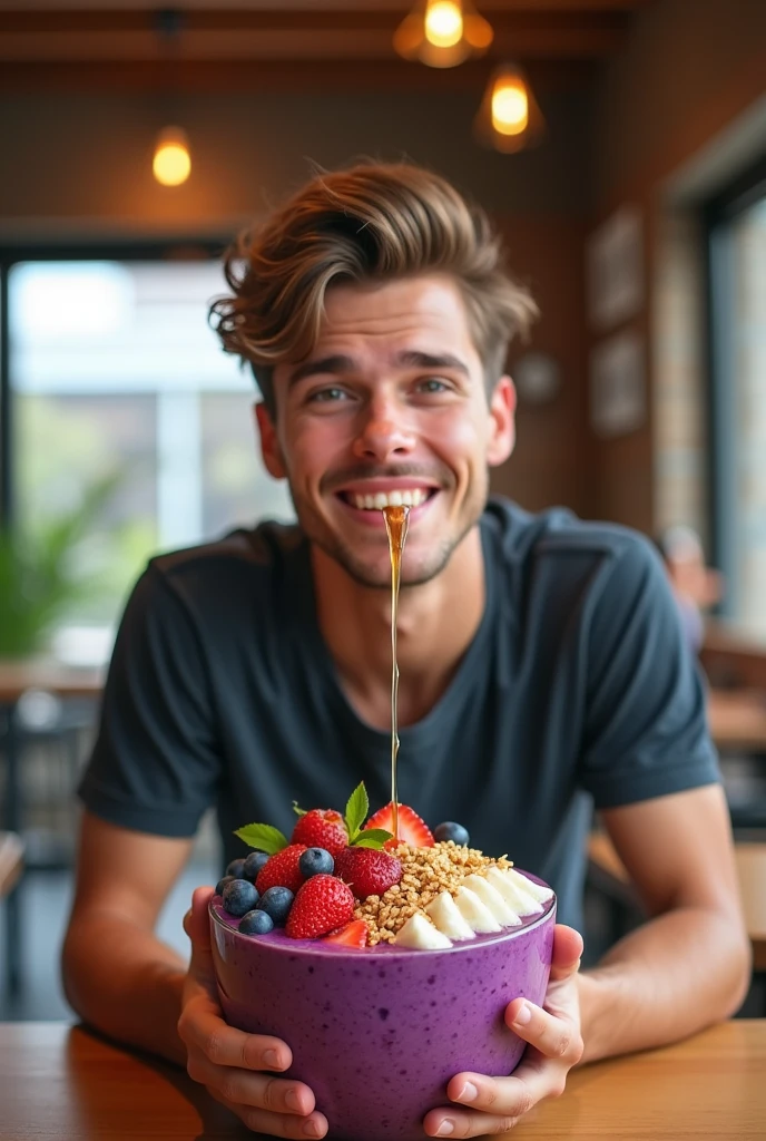 realistic young man, At the acai shop ,brown hair eating acai , ultra HD, high qualiy, best qualityer, high resolution, 8k, 16K
