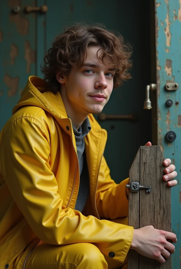 Create an hyper realistic image of Harry styles wearing a yellow raincoat sitting by a really small door, holding a dark key in the shape of a button, make sure he looks like a