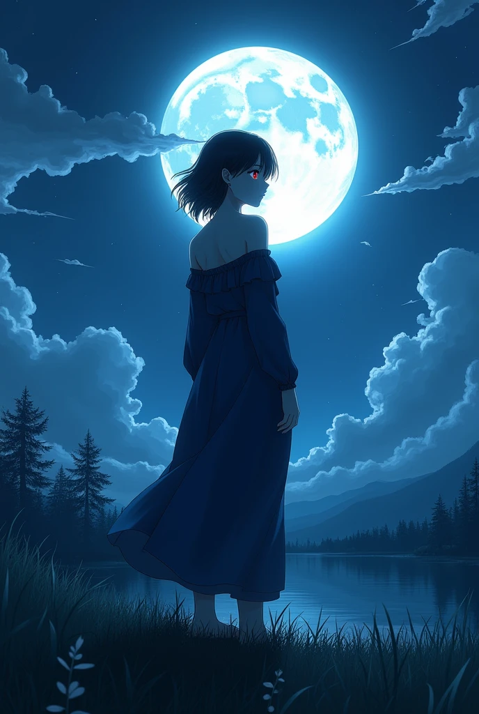 Beautiful moonlit sky, One person in, Proudly, Black-haired, Off the shoulder, praise hip hop, Countryside view, praise artstyle, praise art, Chill Hop, praise, Anime movie background, Anime Background, praise aesthetic, Wit Studio Anime, praise album art, Roffey Technology, praise vibes, praise feel, Lofivibe、((masterpiece),(Highly detailed CG Unity 8k wallpaper)、Highest quality、、solo、One person、Cinema lighting、Detailed Background、Beautiful and fine details、Bright Eyes、(Very delicate and beautiful)、(Beautifully detailed eye depiction)、Ultra-detailed、masterpiece、))