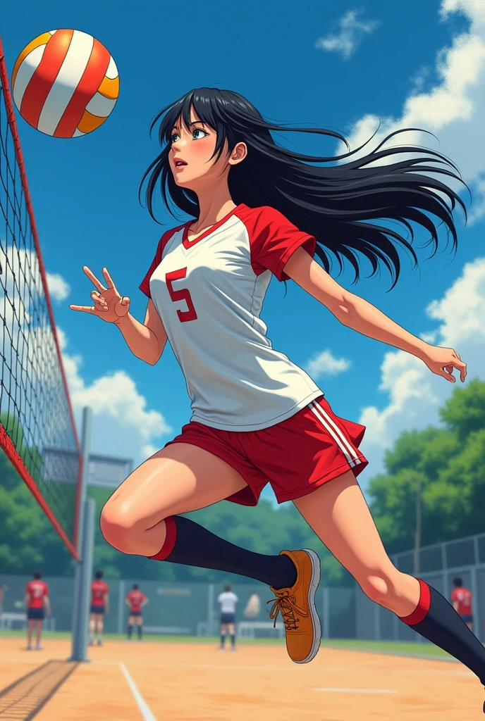 Japanese high school girl with long black hair playing volleyball。
The uniform is white on the top.、Red underneath。
A painting that looks like a photograph。