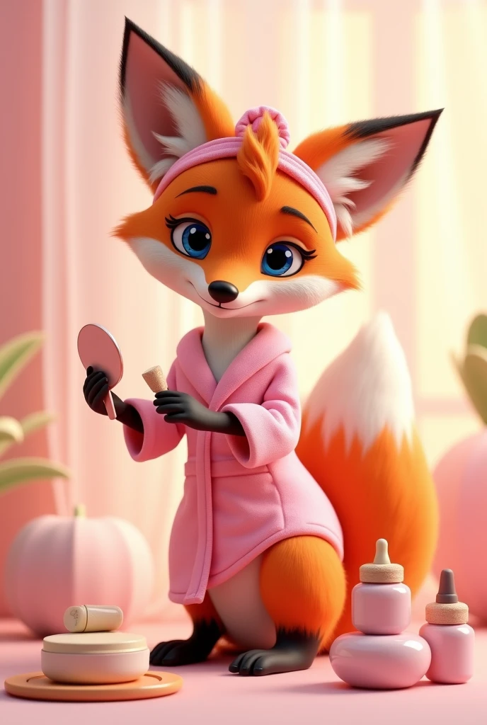 Create a 3D Disney Pixar style fox named Glamour Fox. She must exude an elegant personality, relaxed and attentive, perfect for a section dedicated to skin care and beauty.
colors: Vibrant shades of orange and white, with pink details and accessories to maintain cohesion with the other mascots.
Accessories:
Accessories de Beleza: Use a small pink hand mirror and a set of skin care products, like cream or lotion bottles with pink accents.
stylish clothes: A pink bathrobe with pink accents, and maybe a hair band.
beauty products: You may be holding or applying products such as a serum or face mask..
Expressions: gentle smile and expressive eyes, with an expression of tranquility and satisfaction that conveys a feeling of care and well-being.
Activities and Poses:
Applying Products: Demonstrating the application of skin care products, as a face mask or cream.
relaxing: Showing a moment of relaxation, such as wearing a bathrobe or applying a cream.
Beauty Tips: Pointing to a board with skin care tips, beauty routines and recommended products.
Interactivity on the Website:
Hover animations: Animated movements like applying a cream, look in a mirror or relax in a comfortable position.
Beauty Messages: Friendly messages with skin care tips, beauty routines and product recommendations.