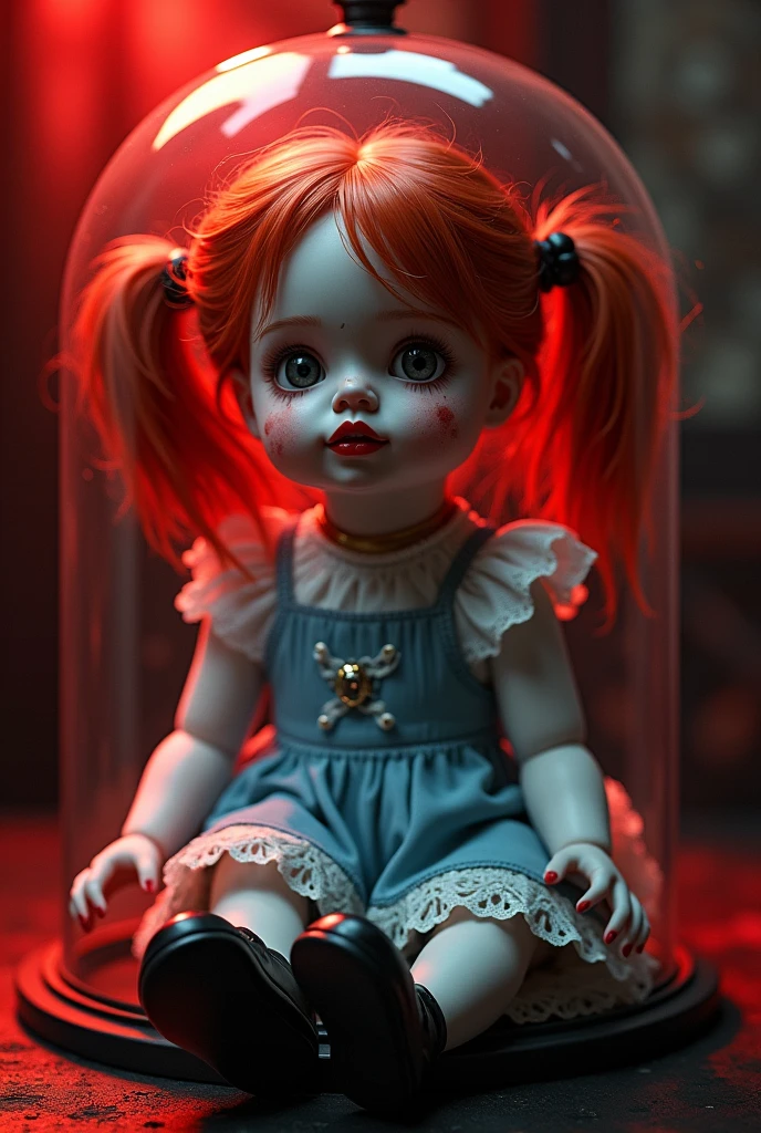 Dark fantasy A doll with red hair with Pigtails Gray eyes, red lipstick with blush and transparent spots on the face With a blue and white dress and a shoe Black in A glass box sitting with red light