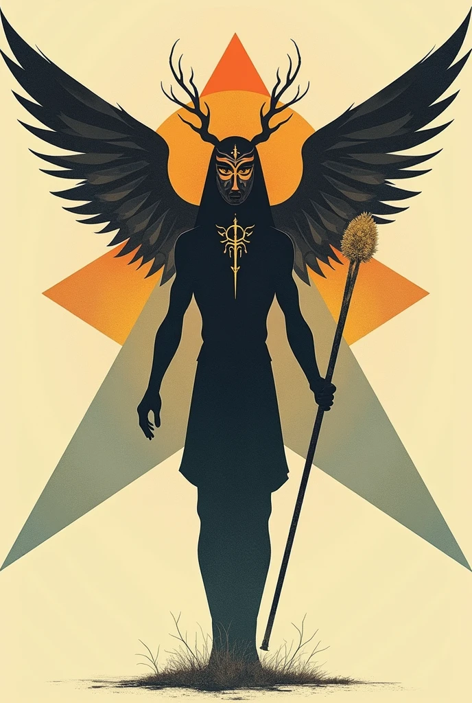 GIVE ME AN ABSTRACT IMAGE OF THE FOLLOWING TEXT: Thesmophorus or Dancing Sun of the Pastures, A mask and an eye are represented in the center, a four-pointed blanket, third, forming triangles, representing the wings of the sun, He carries a staff that symbolizes the power of the sun.