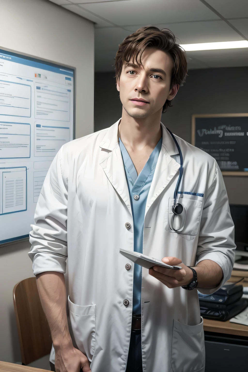 Doctor standing in office writing renew prime on wall behind him realistic