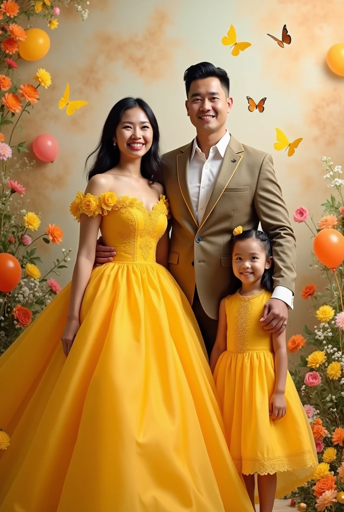 Real pinoy family pic women beautiful with ballgown yellow and daughter baby girl 1 years old with ballgown yellow and man handsome with attire and boy 6 years old with attire with flowers baloons butterflies