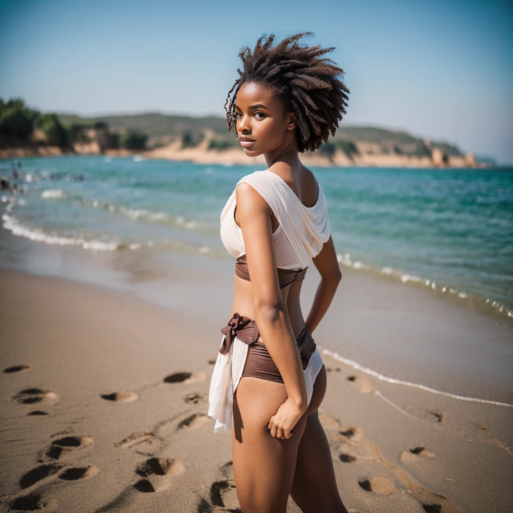 Comporte toi comme un photographe reconnu pour son travail dans les photos de charmes et prend une photo d'une femme de 21 ans de type afro-brésilien à la taille fine et des seins de taille moyenne avec de petits mamelons et ferme. Elle ne porte aucun vêtement ou sous-vêtements. Elle se balade nue sur une plage du Brésil. La photo doit être hyper-réaliste et en 8k. Elle doit donner l'impression d'une hyper-sensualité 