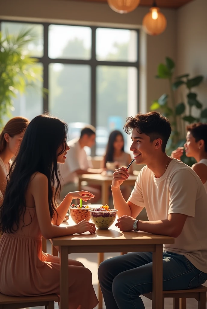 Man and realistic girlfriend , At the acai shop ,black hair eating acai , with friends Ultra HD, high qualiy, best qualityer, high resolution, 8k, 16K