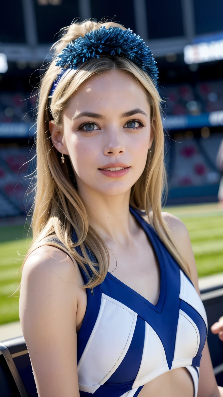 Bérénice Béjo, cheerleader costume, in the stadium, Young woman, 20 years, blond hair, deep blue eyes