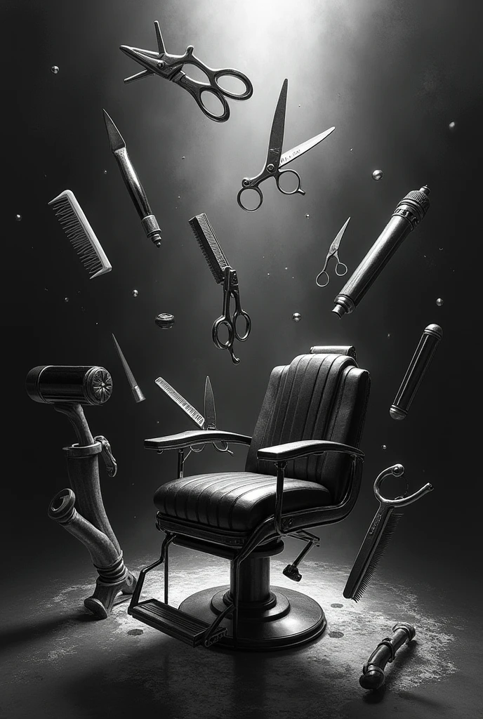 barber things floating in black and white drawn