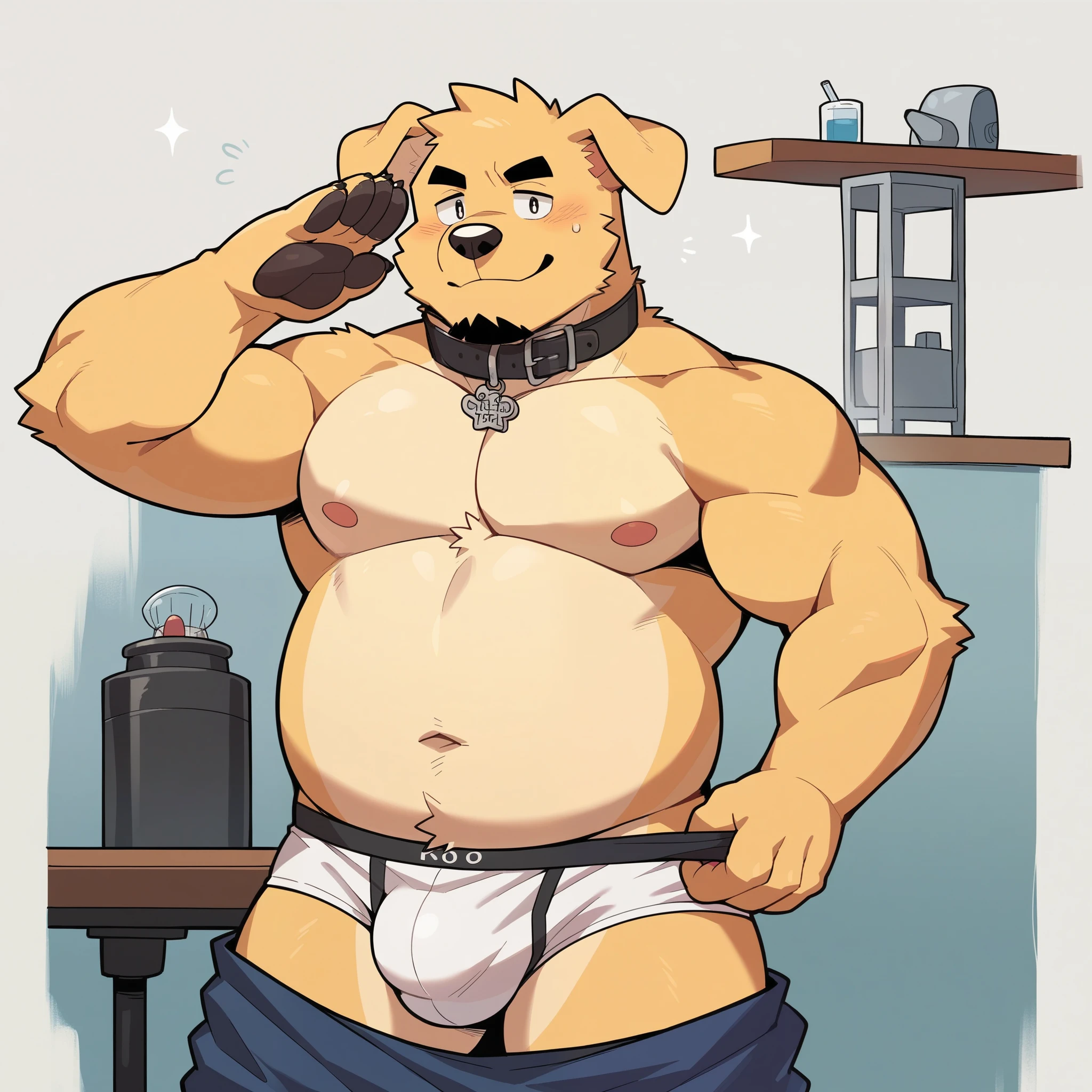 Scribble Golden Retriever face,Humanity(Golden Retriever),(Topless:1.3),Chubby,(Black eyebrows:1.1),(Perfect eyes),Golden fur,(artist:Takemoto Arashi),On the bed of the laboratory bench,(Tattered white underwear:1.3),paw,(black beard:1.3),(Collar:1.3),(Hip bulge:1.3),(Pull underwear with hands:1.4),(salute:1.3)