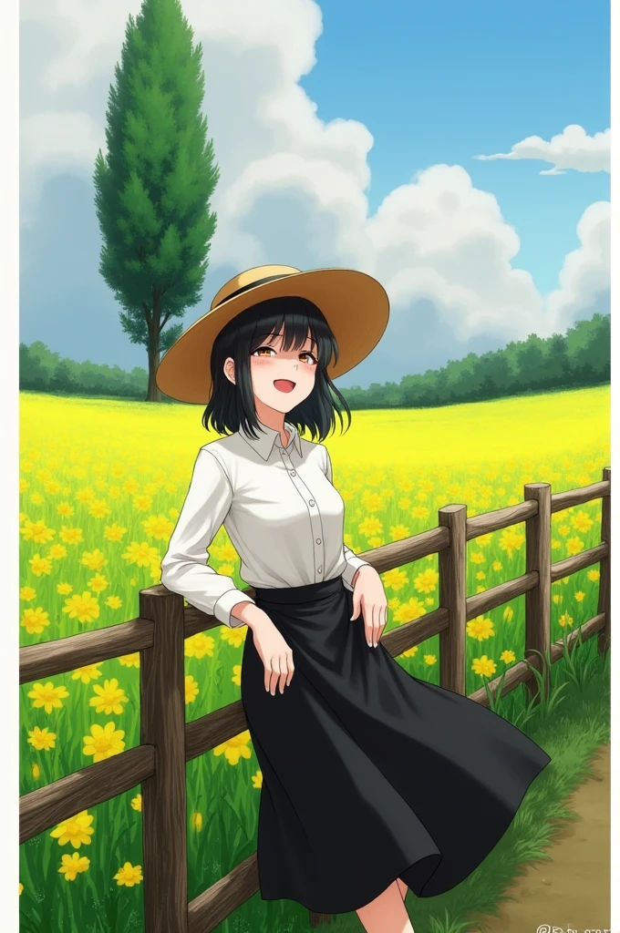 The image depicts a woman standing in a lush, green field filled with vibrant yellow flowers. She is smiling and appears joyful, wearing a white blouse, a black skirt, and a large straw hat. The woman is leaning on a rustic wooden fence, which adds a natural, rural touch to the scene. Behind her, a tall tree stands against a cloudy sky, completing the serene and picturesque setting. The overall mood of the image is peaceful and cheerful, capturing a moment of connection with nature.