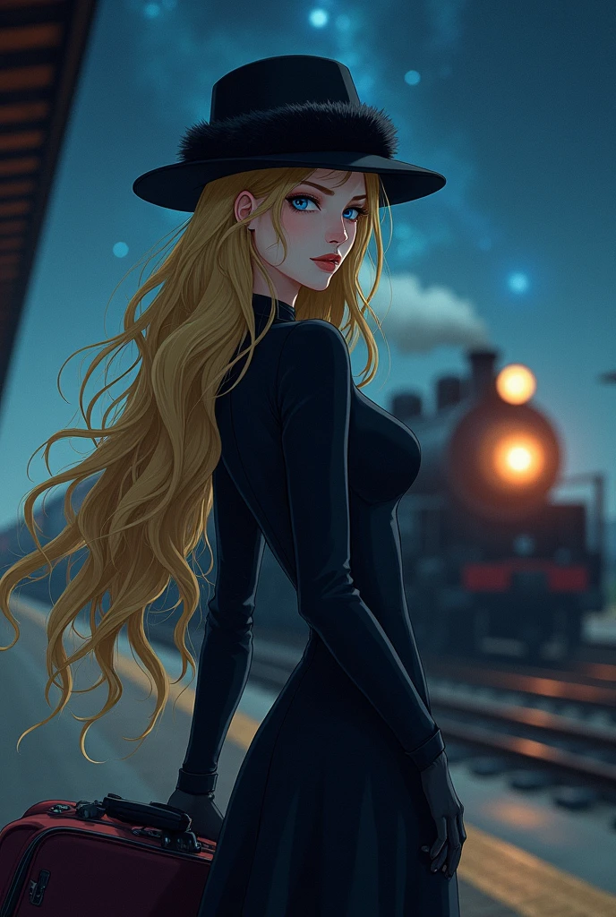 Highest quality, Great quality,, RAW Photos, Realistic, Unbelievably absurd, Very detailed, delicate, Flashy and dynamic depiction, Galaxy Express 999, Material, Long Hair, Blonde, Fur trim, Black Hat, Fur is, dress, Dynamic Angle、Beautiful and cool woman, sad, Fleeting, Melancholic expression, Sharp eyes, Sharp Face, Slender and perfect proportions, Tight waist, Long eyelashes, Detailed pupil, Detailed skin texture, Background Galaxy, night, Station platform, Steam locomotive station, luggage