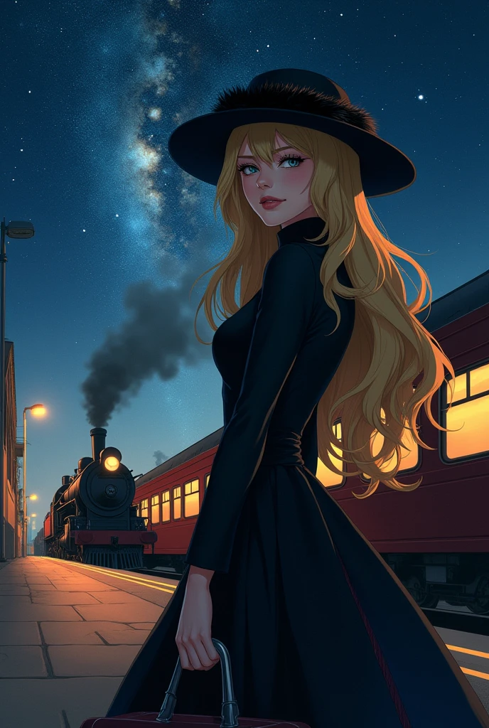 Highest quality, Great quality,, RAW Photos, Realistic, Unbelievably absurd, Very detailed, delicate, Flashy and dynamic depiction, Galaxy Express 999, Material, Long Hair, Blonde, Fur trim, Black Hat, Fur is, dress, Dynamic Angle、Beautiful and cool woman, sad, Fleeting, Melancholic expression, Sharp eyes, Sharp Face, Slender and perfect proportions, Tight waist, Long eyelashes, Detailed pupil, Detailed skin texture, Background Galaxy, night, Station platform, Steam locomotive station, luggage