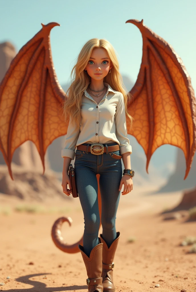 anime girl, texan girl, realistic, masterpiece, 3D, real life, 1girl, cute teenager, blonde hair, beautiful eyes, cowgirl with hat, dragon wings, desert dragon, full body, full body, white shirt, dark blue pants, boots, opened wings, western view,