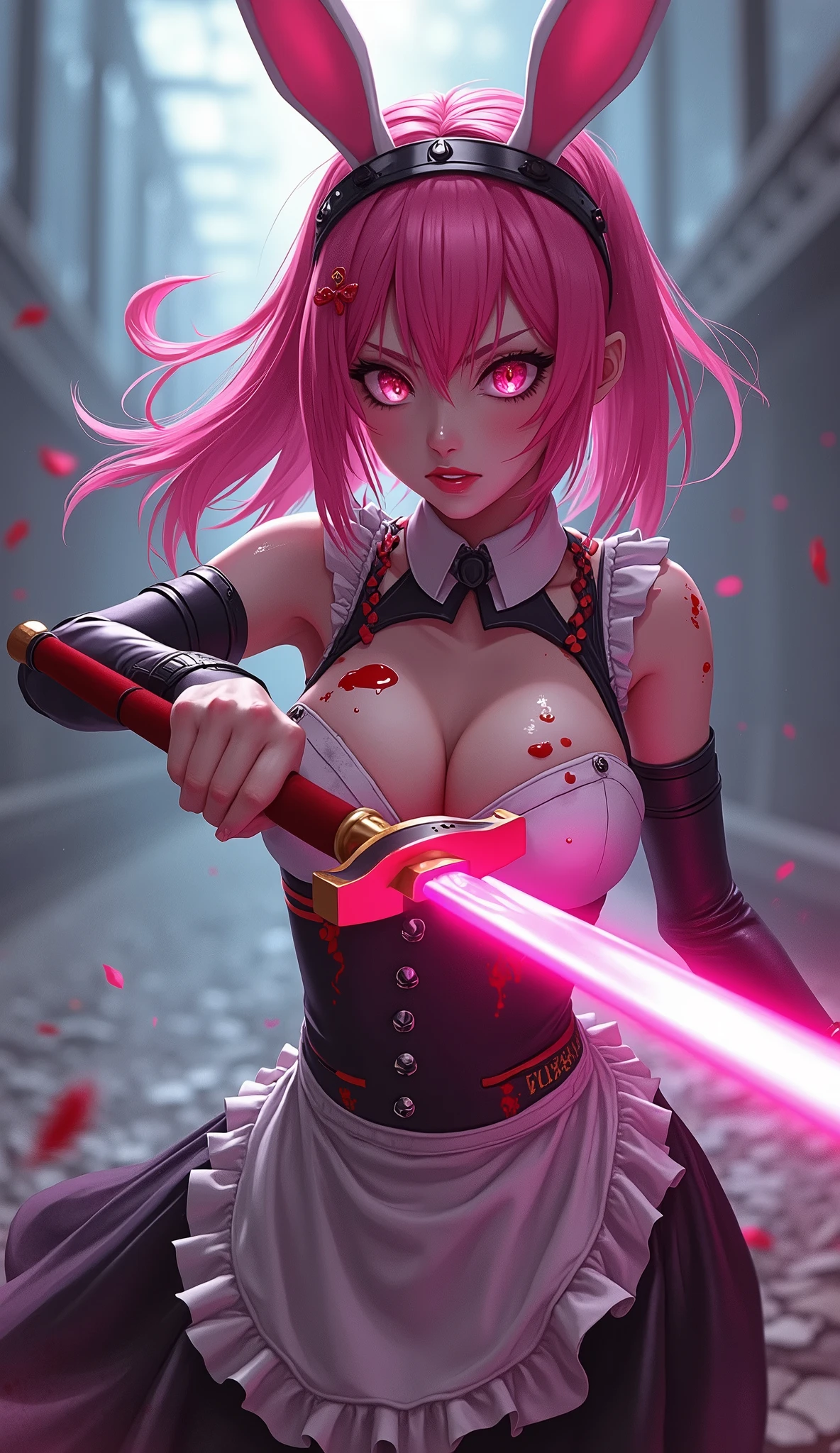 anime girl, pink hair, pink bunny ears, pink eyes, and pink fighting with a pink sword  and angry all covered in blood maid outfit with big busts, high quality, (RAW photo, best quality), (realistic, photorealistic: 1.4), (extremely delicate and beautiful: 1.4), amazing, fine details, masterpiece, ultra detailed, high resolution, best illustration, best shadow, intricate, ( extremely intricate: 1.2), (exquisitely detailed skin), cinematic light, perfect anatomy, (cool color: 1.4), sharp focus, 8k UHD, DSLR, (Fujifilm XT3),Epic Fantasy Art Style HD, 4K fantasy art, epic fantasy digital art style, epic fantasy art style, Fantasy Woman, epic fantasy art portrait, Epic fantasy style, hyperrealistic fantasy art, hd fantasy art, Epic fantasy character art, epic fantasy art, in style of dark fantasy art, epic fantasy digital art
  