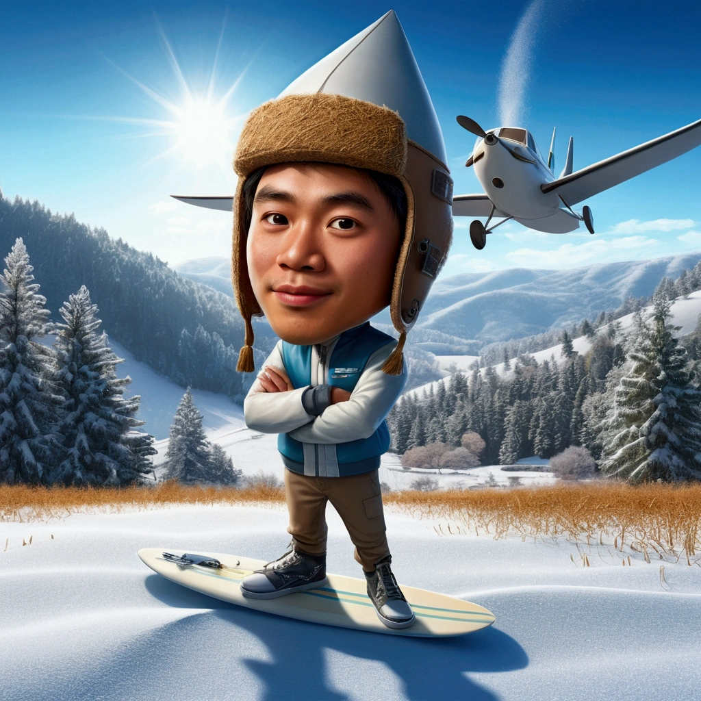 caricature image with a big head, a 25 year old Indonesian youth, wearing a paper hat and a snow jet sky costume complete with a surfboard and stick with cool shoes, with his arms crossed calmly. The background of the sky area is hilly snow and lots of trees refracted by sunlight and visiblelike real. high quality images,r high resolution,
