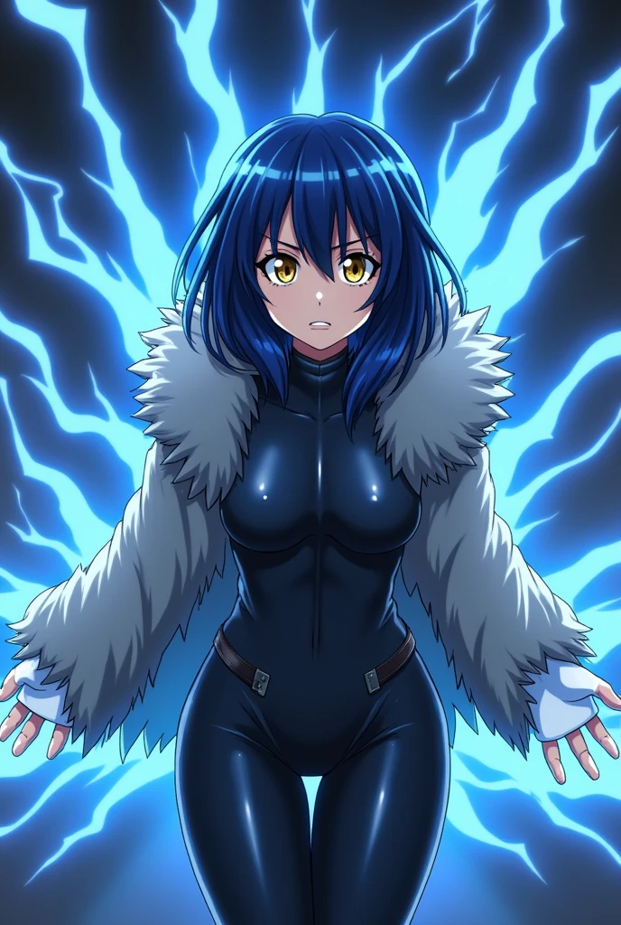 Screenshot of my hero academy, Girl with navy blue hair and lighter blue streaks, yellow eyes, Light skin and a slightly confused, frowning expression. While wearing a dark suit that covers his torso and even above his thighs,Her suit leaves her chest uncovered. (Your suit at the bottom is like a thong type) While wearing a furry grey coat, He wears the hood of his coat over his head.,He is wearing dark wide trousers, And some white fingerless gloves, While around it there are some blue rays, And blue rays also come out of his hands.