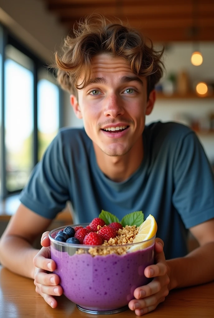 realistic young man, At the acai shop ,brown hair eating acai , ultra HD, high qualiy, best qualityer, high resolution, 8k, 16K