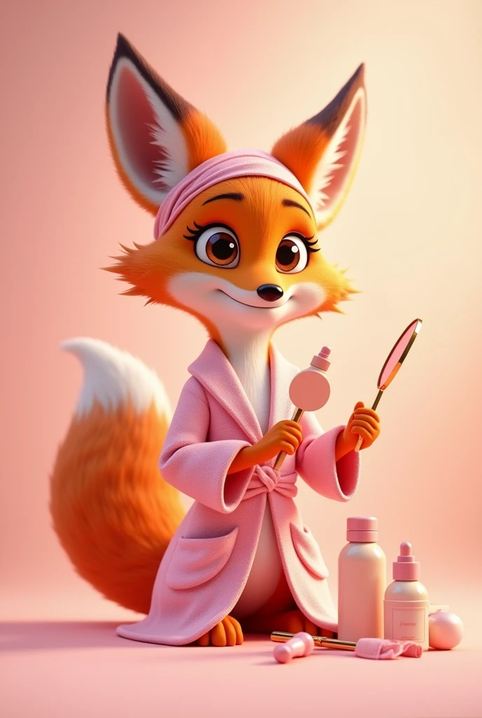 Create a 3D Disney Pixar style fox named Glamour Fox. She must exude an elegant personality, relaxed and attentive, perfect for a section dedicated to skin care and beauty.

colors: Vibrant shades of orange and white, with pink details and accessories to maintain cohesion with the other mascots.

Accessories:

Accessories de Beleza: Use a small pink hand mirror and a set of skin care products, like cream or lotion bottles with pink accents.
stylish clothes: A pink bathrobe with pink accents, and maybe a hair band.
beauty products: You may be holding or applying products such as a serum or face mask..
Expressions: gentle smile and expressive eyes, with an expression of tranquility and satisfaction that conveys a feeling of care and well-being.

Activities and Poses:

Applying Products: Demonstrating the application of skin care products, as a face mask or cream.
relaxing: Showing a moment of relaxation, such as wearing a bathrobe or applying a cream.
Beauty Tips: Pointing to a board with skin care tips, beauty routines and recommended products.
Interactivity on the Website:

Hover animations: Animated movements like applying a cream, look in a mirror or relax in a comfortable position.
Beauty Messages: Friendly messages with skin care tips, beauty routines and product recommendations.
