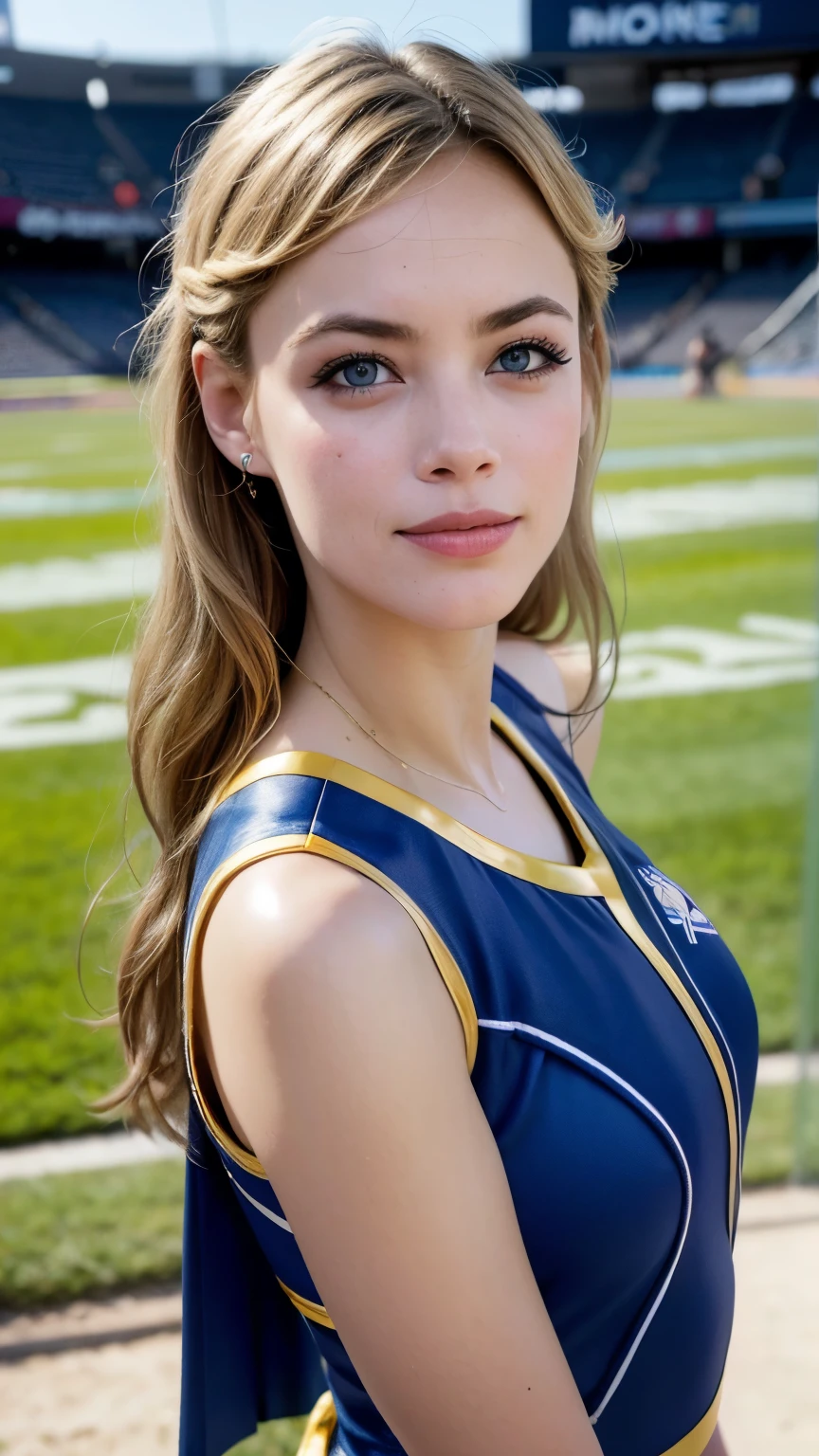 Bérénice Béjo, cheerleader costume, in the stadium, Young woman, 20 years, blond hair, deep blue eyes