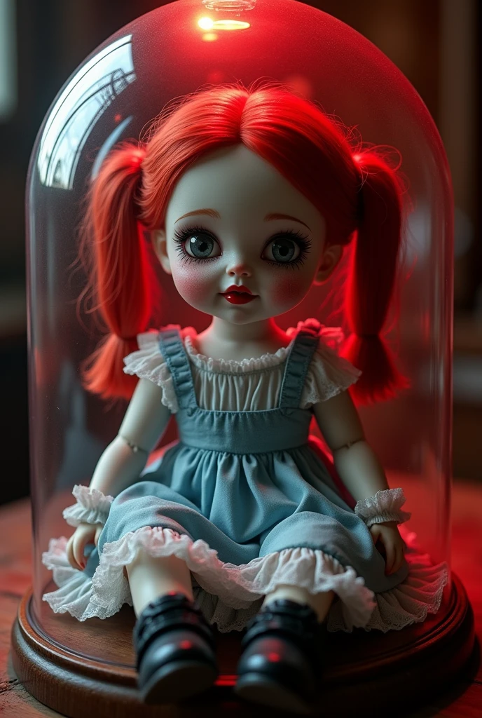 Dark fantasy A doll with red hair with Pigtails Gray eyes, red lipstick with blush and transparent spots on the face With a blue and white dress and a shoe Black in A glass box sitting with red light