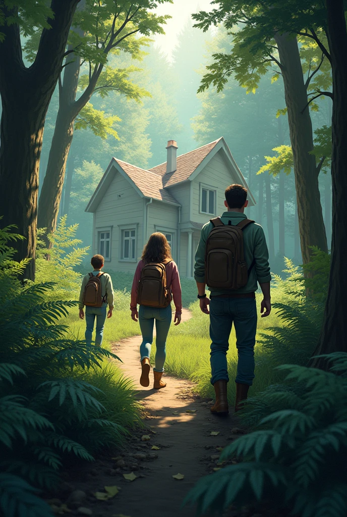 put several people who seem to be looking for someone in a forest with a sober house during the day